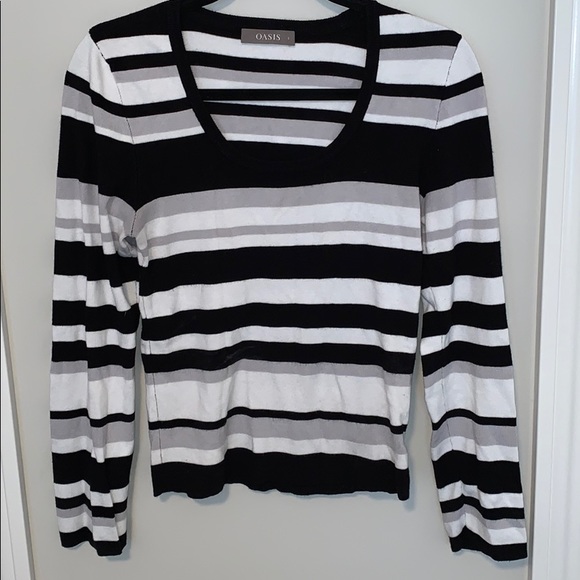 Black, Grey, ivory multi stripe scoop neck sweater - Picture 1 of 3